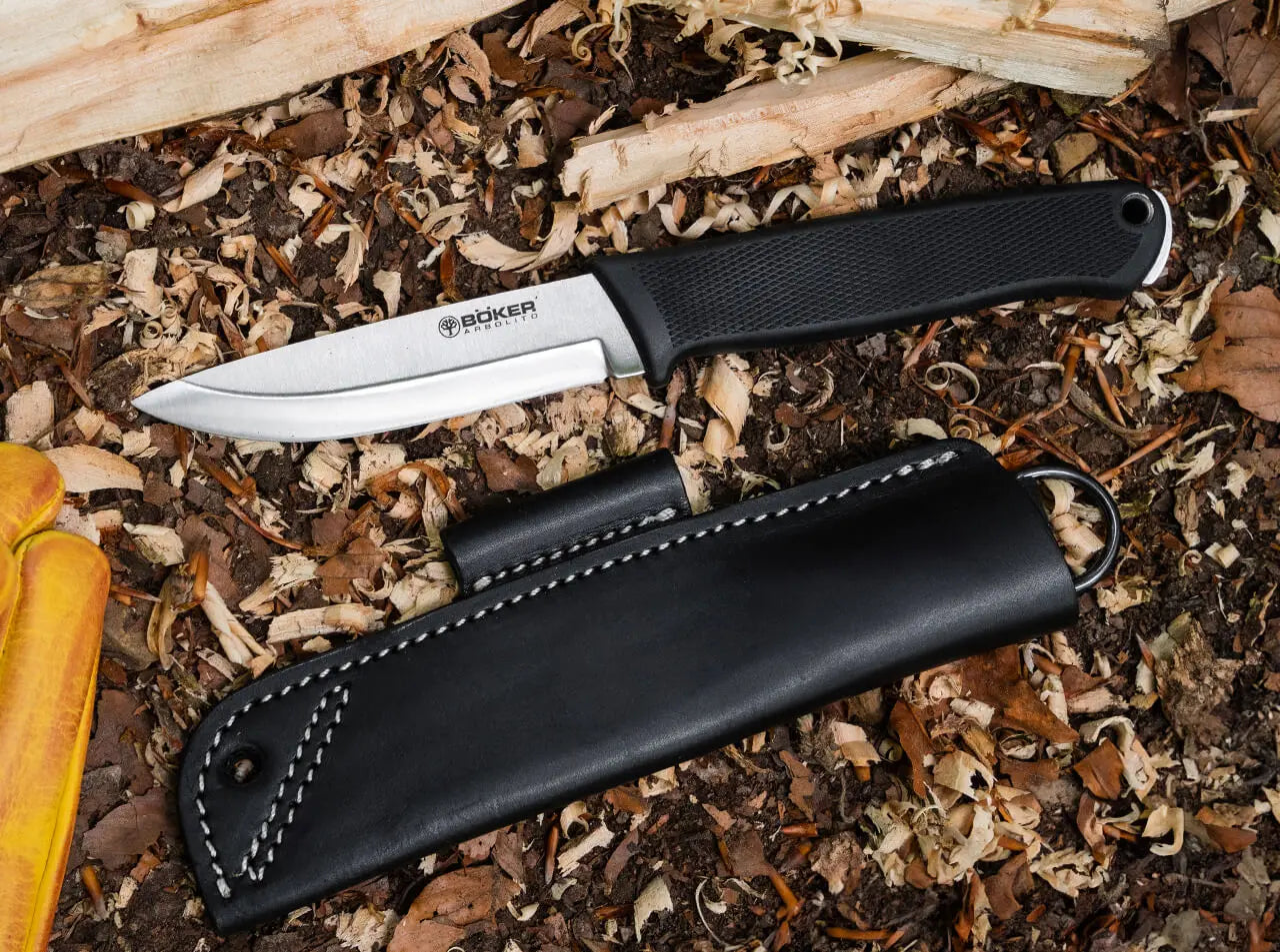 Böker Arbolito BK-1 – Bushcraft Messer N690 Stahl, TPE Griff, Lederscheide Böker Arbolito