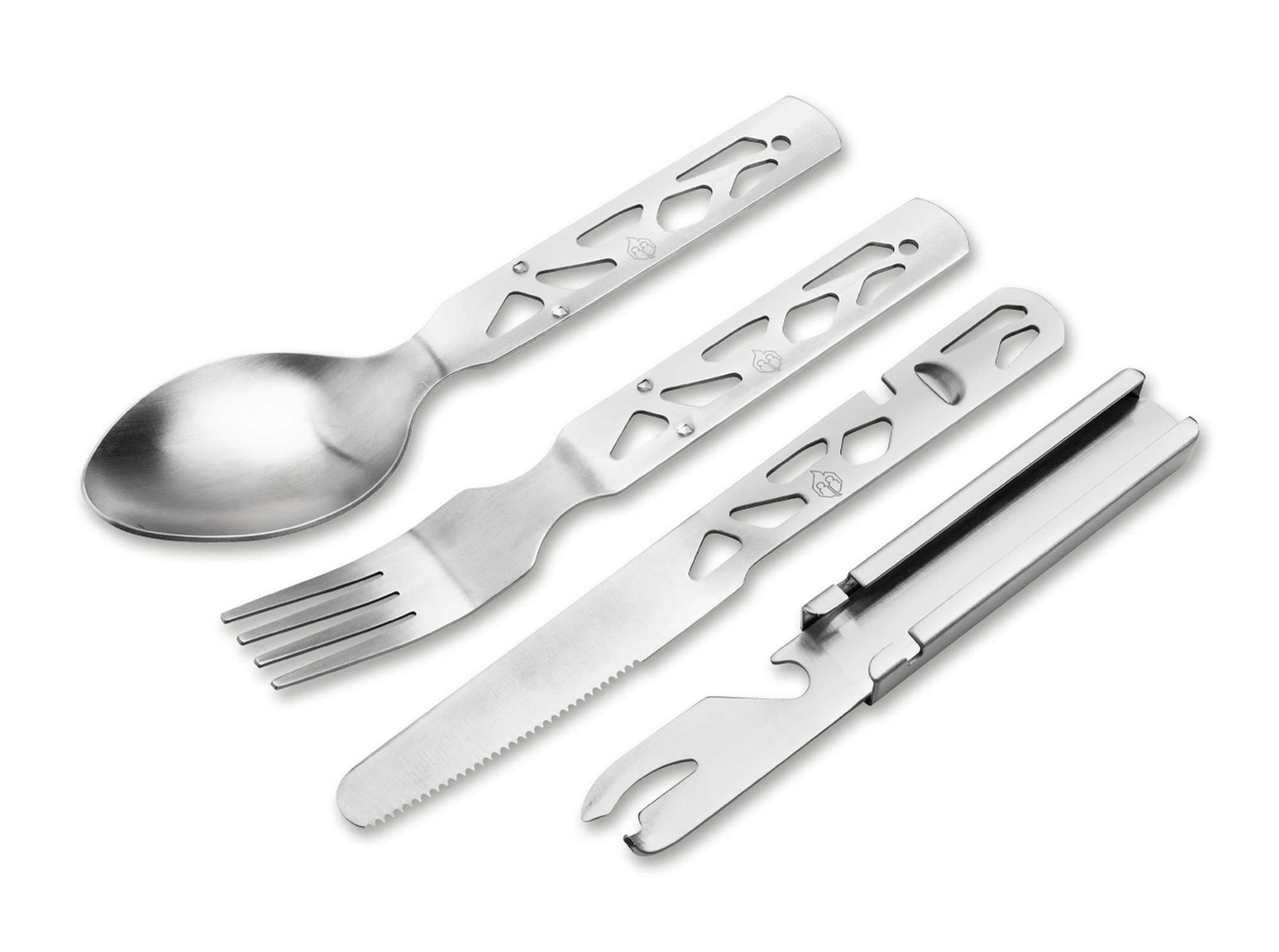 Naturensöhne Campingbesteck Set Edelstahl Messer Gabel Löffel Dosenöffner Böker Plus