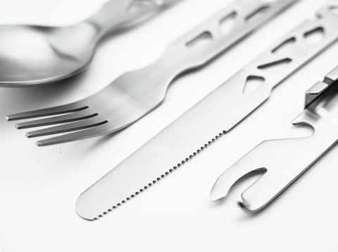 Naturensöhne Campingbesteck Set Edelstahl Messer Gabel Löffel Dosenöffner Böker Plus