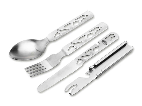 Naturensöhne Campingbesteck Set Edelstahl Messer Gabel Löffel Dosenöffner Böker Plus