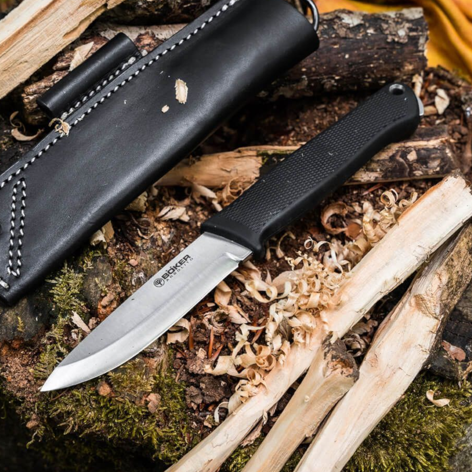 Böker Arbolito BK-1 – Bushcraft Messer N690 Stahl, TPE Griff, Lederscheide