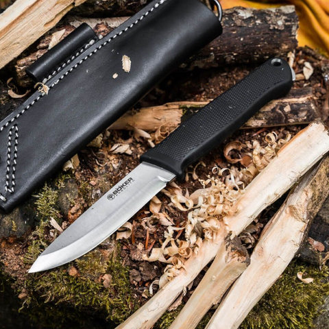 Böker Arbolito BK-1 – Bushcraft Messer N690 Stahl, TPE Griff, Lederscheide