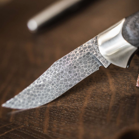 Böker Scout Damast Mooreiche – Limitiert, Dragonskin, Neusilber, Backlock, Solingen, 40th Anniversary Damast