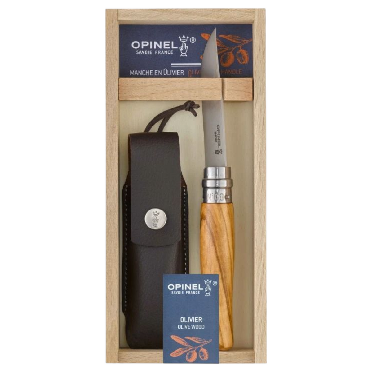 Opinel N°08 Olivenbaum + Etui – Edles Taschenmesser mit Olivenholzgriff & Schutztasche im Geschenkset