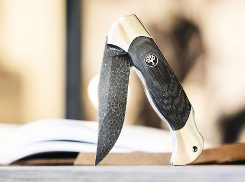 Böker Scout Damast Mooreiche – Limitiert, Dragonskin, Neusilber, Backlock, Solingen, 40th Anniversary Damast