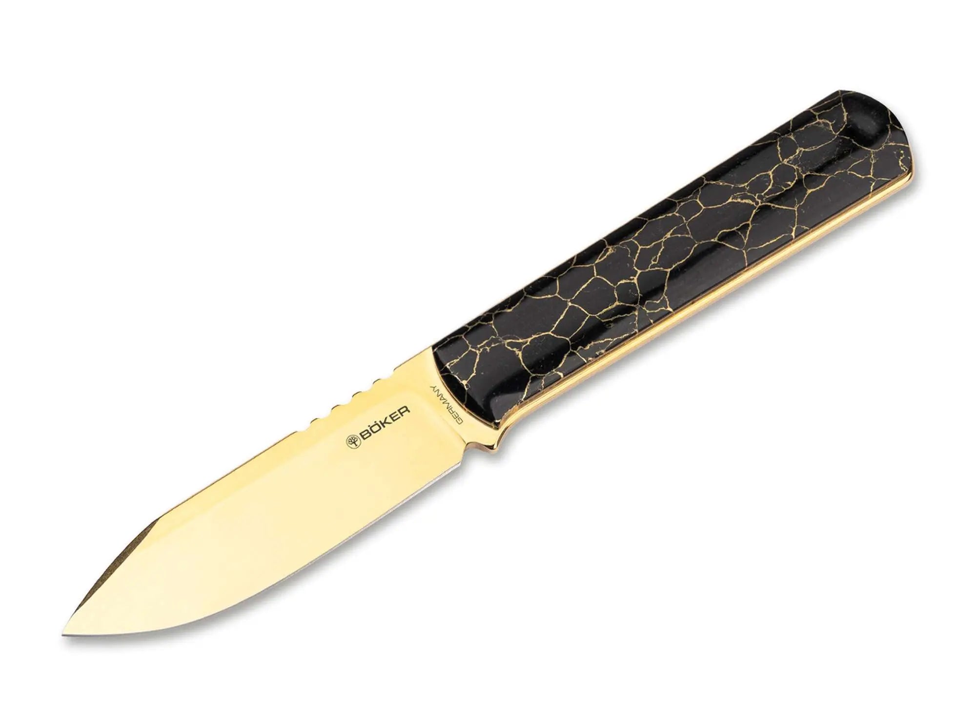 Böker BFF Packlite TruStone Gold mit goldbeschichteter MagnaCut-Klinge und schwarzen Naturstein-Griffschalen