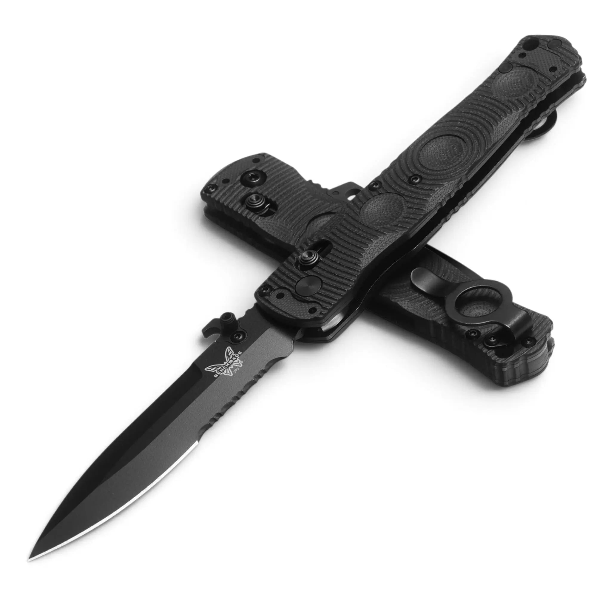 Benchmade 393SBK Mini SOCP Folder Black – geöffnetes Einhandmesser in der seitlichen Gesamtansicht