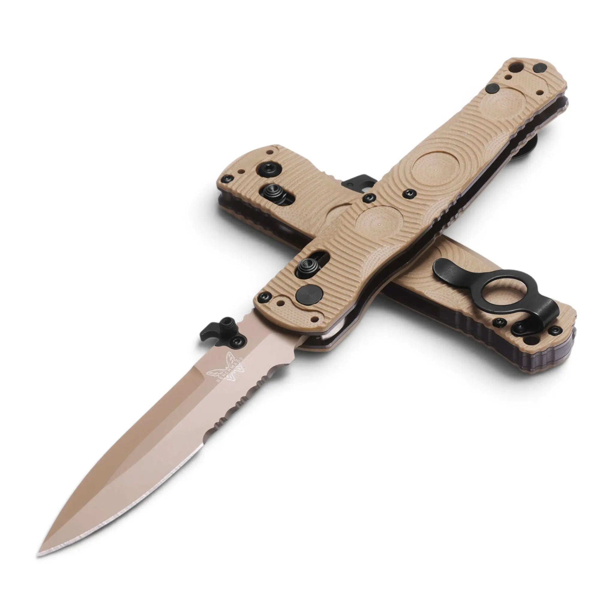 Benchmade 393SSN-01 Mini SOCP Folder Sand – geöffnetes Einhandmesser in der seitlichen Gesamtansicht