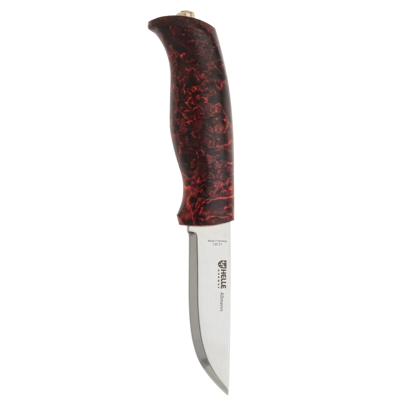 Helle Allmenn Messer 12C27 Scandi Curly Birch Outdoor Knife Norwegen + Lederscheide