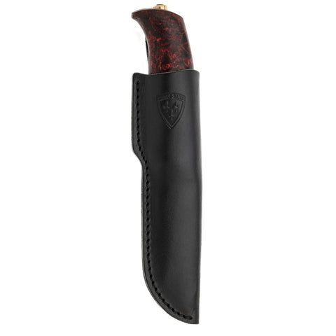 Helle Allmenn Messer 12C27 Scandi Curly Birch Outdoor Knife Norwegen + Lederscheide