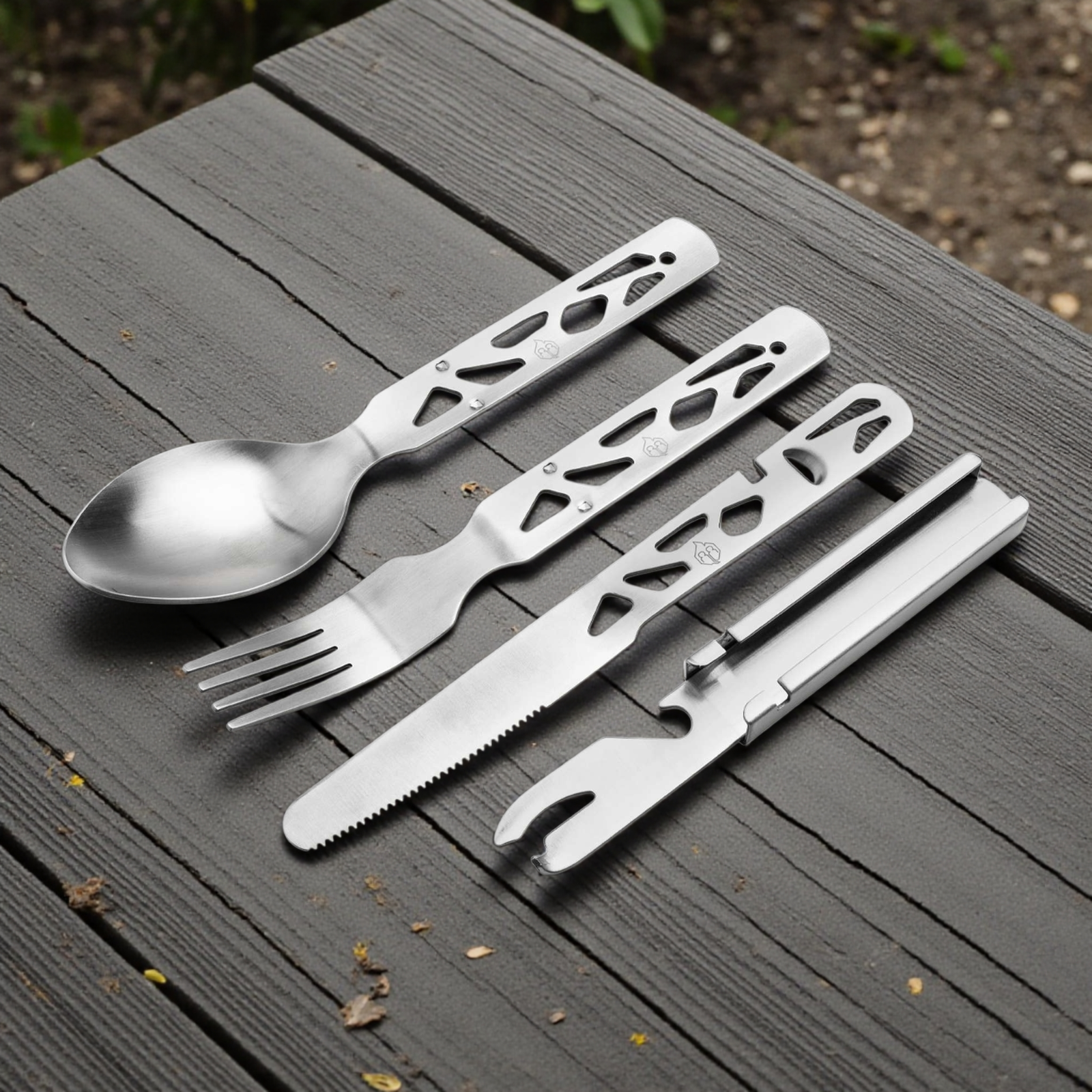 Naturensöhne Campingbesteck Set Edelstahl Messer Gabel Löffel Dosenöffner Böker Plus