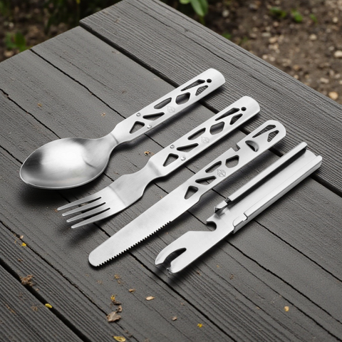 Naturensöhne Campingbesteck Set Edelstahl Messer Gabel Löffel Dosenöffner Böker Plus