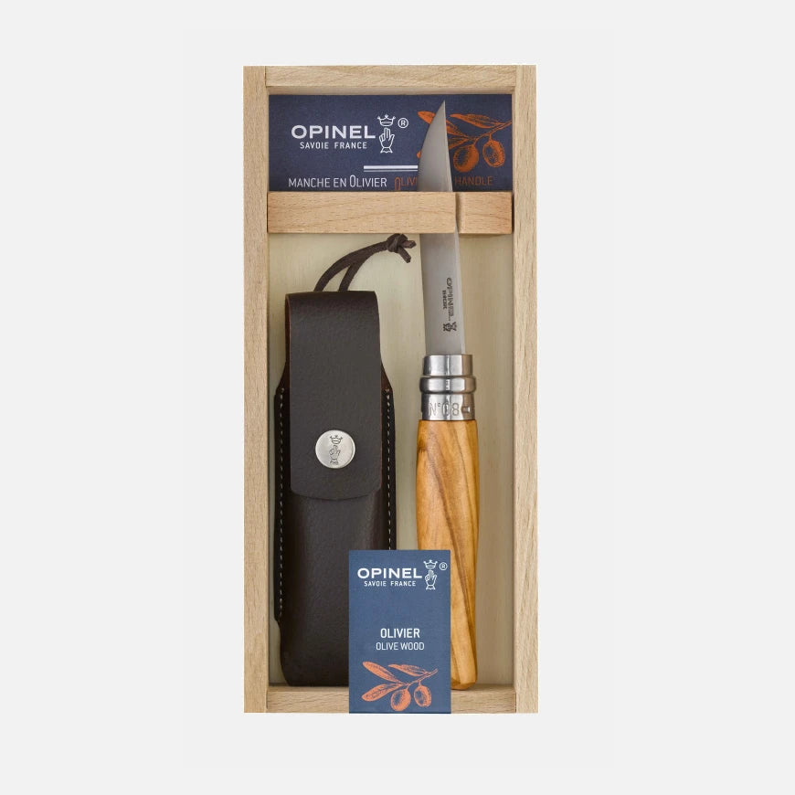 Opinel N°08 Olivenbaum + Etui – Edles Taschenmesser mit Olivenholzgriff & Schutztasche im Geschenkset