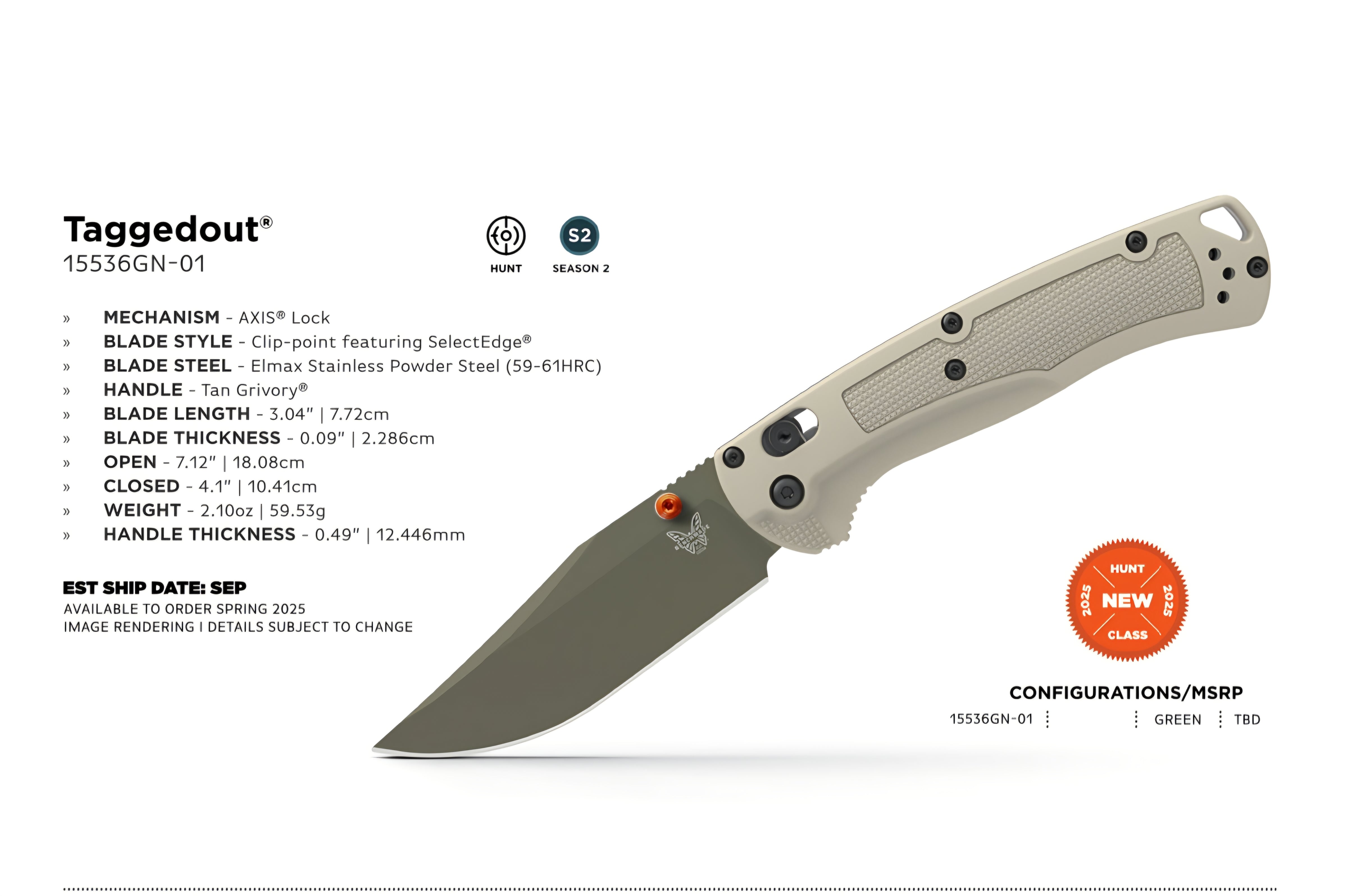 Benchmade 15536GN-01 Taggedout – Tan Grivory, Elmax, AXIS Lock, SelectEdge®