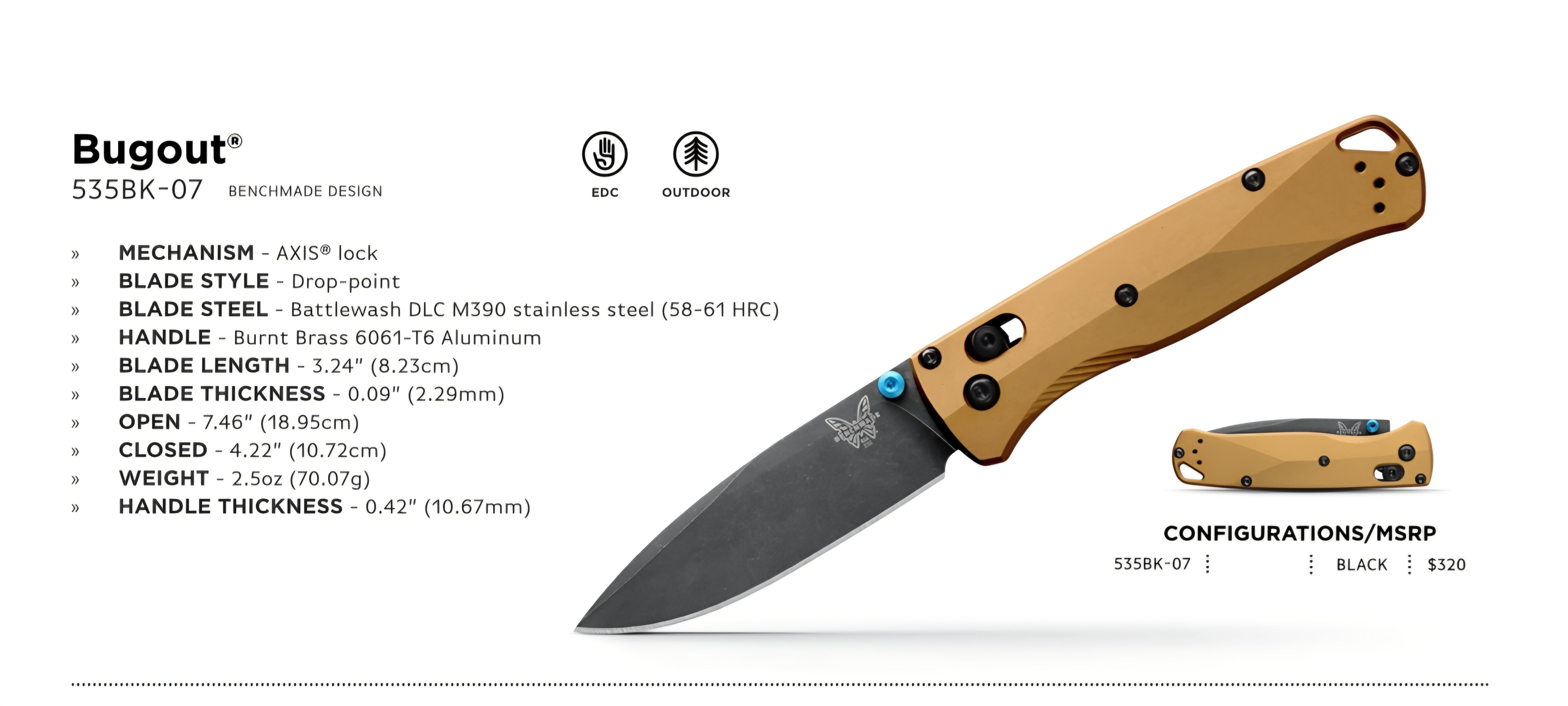 Benchmade 535BK-07 Bugout – Burnt Brass Aluminium, M390, AXIS Lock