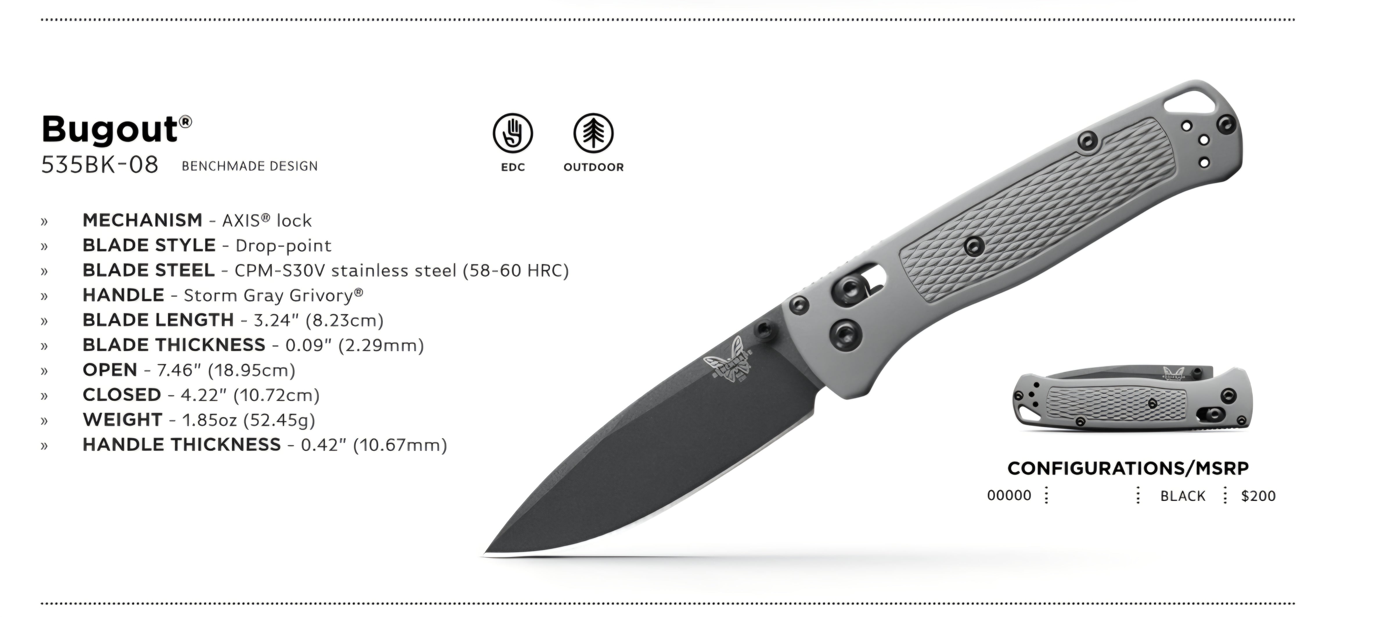 Benchmade 535BK-08 Bugout – Storm Gray Grivory, CPM-S30V, AXIS Lock