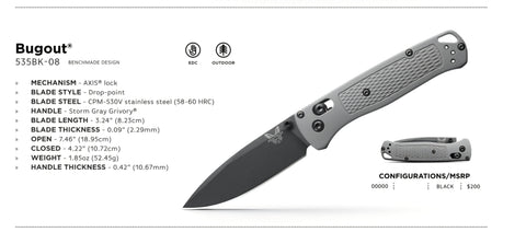 Benchmade 535BK-08 Bugout – Storm Gray Grivory, CPM-S30V, AXIS Lock