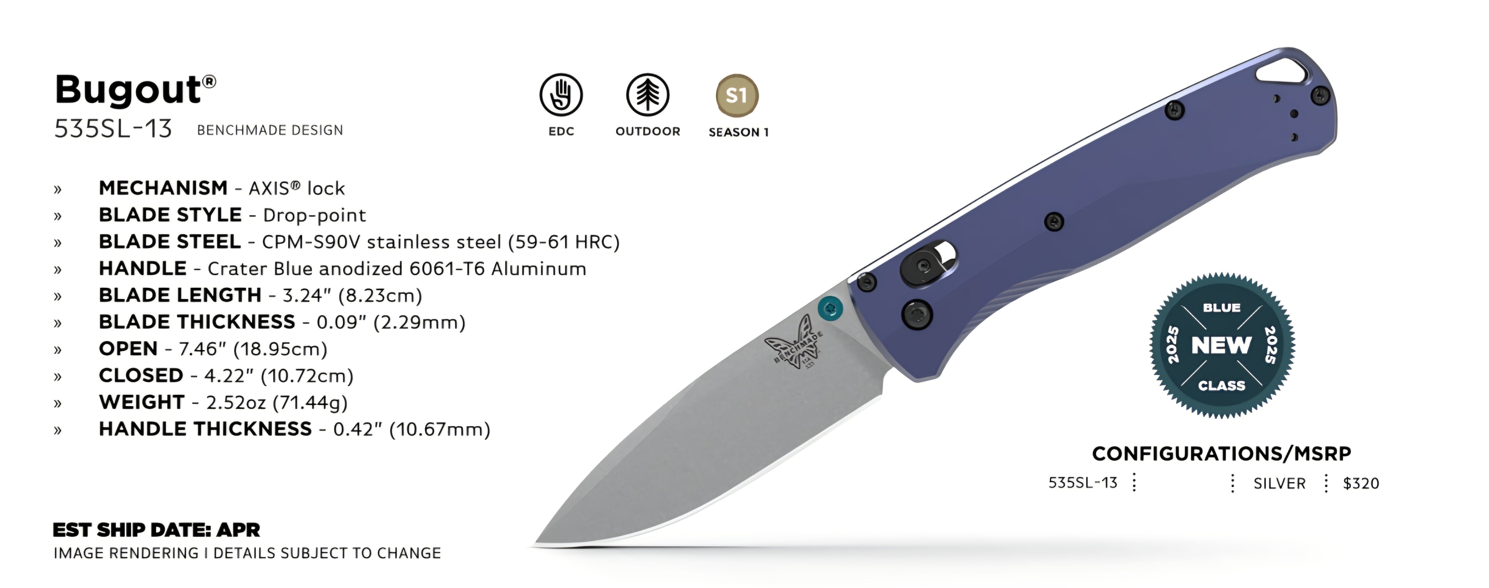 Benchmade 535SL-13 Bugout – Crater Blue Aluminium, S90V, AXIS Lock
