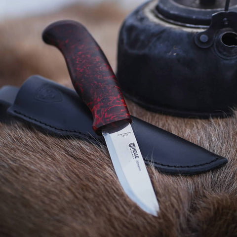 Helle Allmenn Messer 12C27 Scandi Curly Birch Outdoor Knife Norwegen + Lederscheide