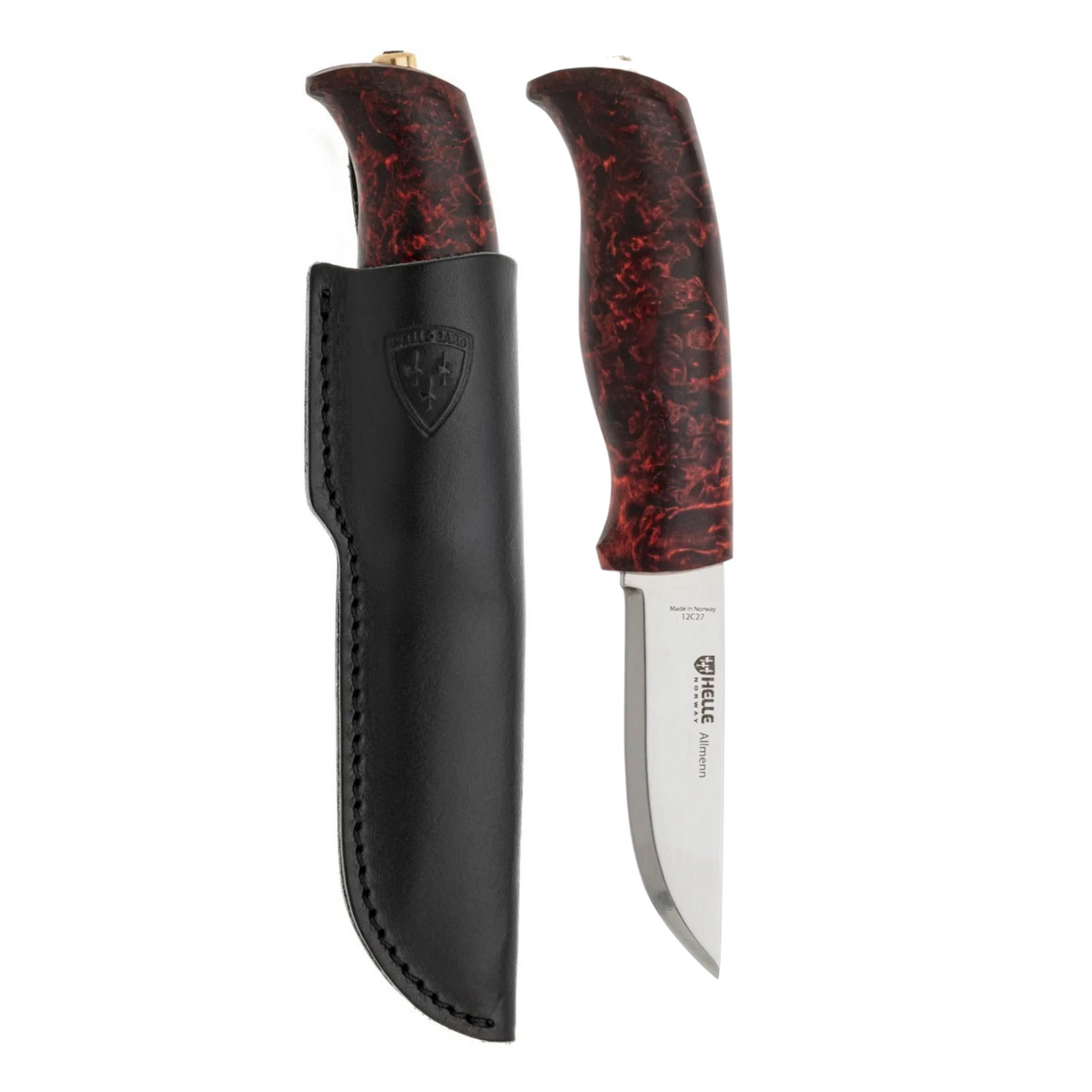 Helle Allmenn Messer 12C27 Scandi Curly Birch Outdoor Knife Norwegen + Lederscheide