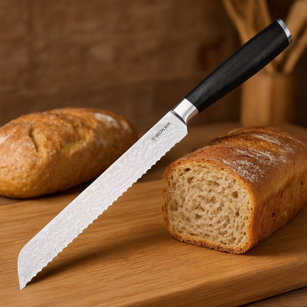 Böker Meisterklinge Damast Brotmesser – VG-10 Kern, Räuchereiche, lebenslange Garantie