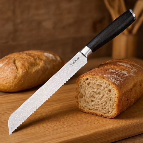 Böker Meisterklinge Damast Brotmesser – VG-10 Kern, Räuchereiche, lebenslange Garantie
