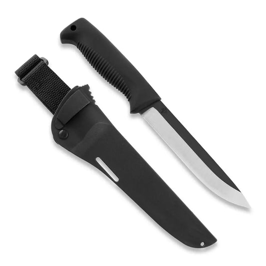 Peltonen M95 Ranger Sissipuukko unbeschichtet – Gesamtansicht mit Kunststoffscheide