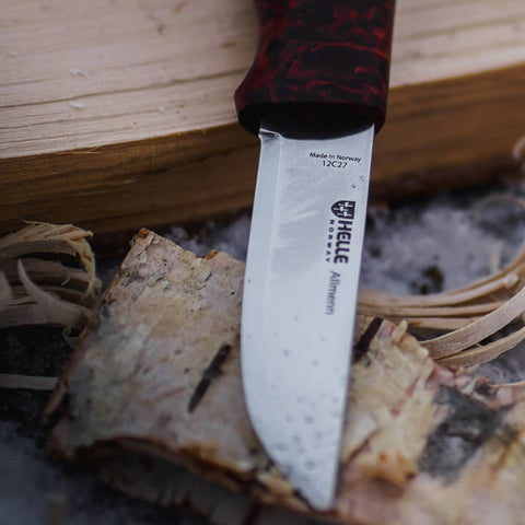 Helle Allmenn Messer 12C27 Scandi Curly Birch Outdoor Knife Norwegen + Lederscheide