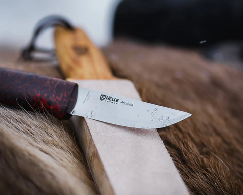 Helle Allmenn Messer 12C27 Scandi Curly Birch Outdoor Knife Norwegen + Lederscheide