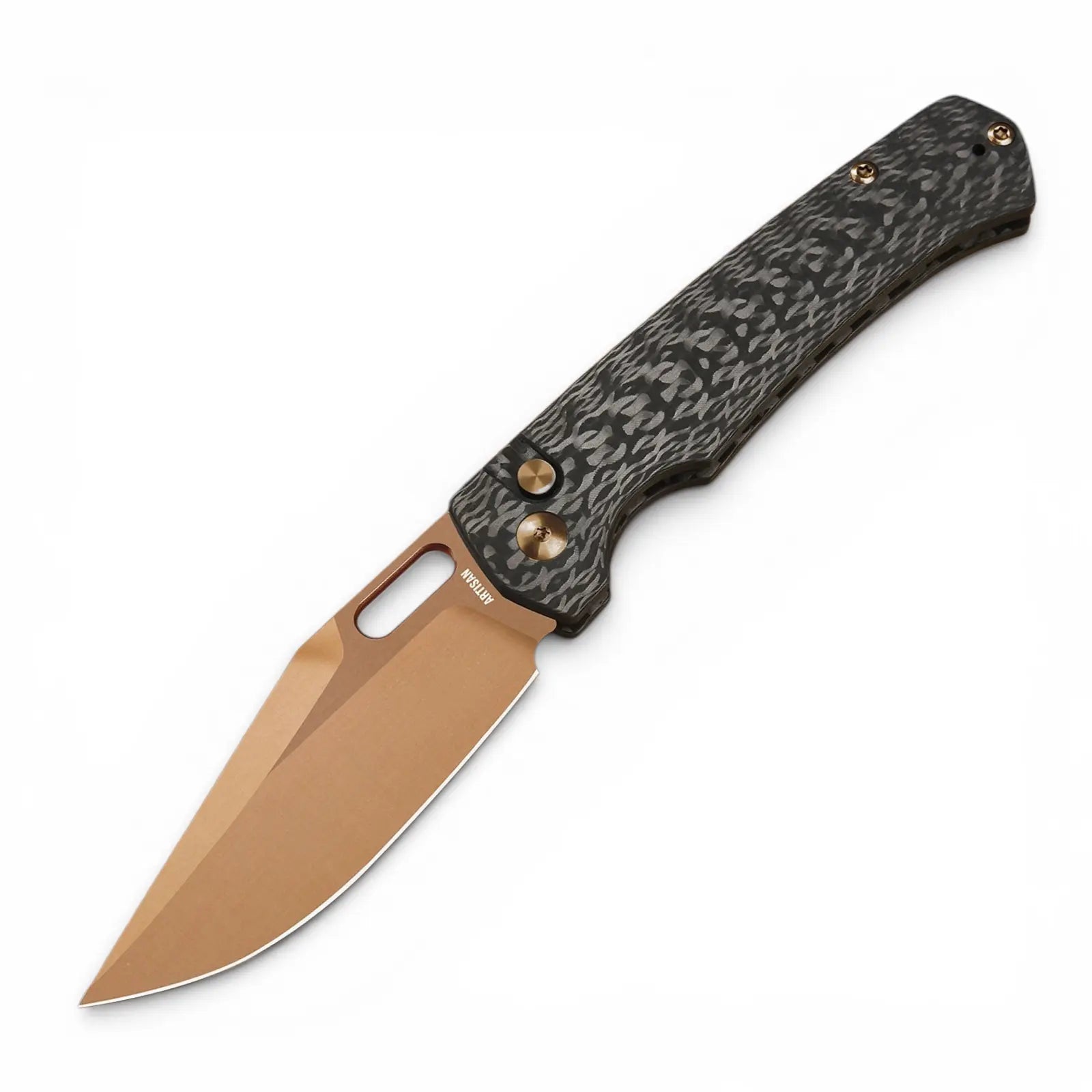 Artisan Revel Limited 1867 Rose Gold – geöffnetes Klappmesser mit Carbon-Fiber-Griff in der Gesamtansicht