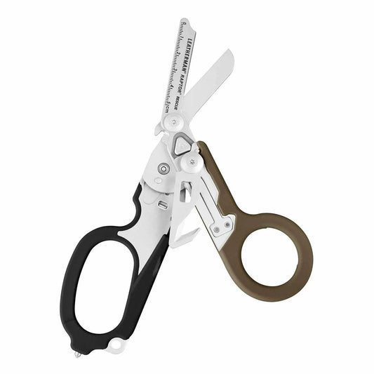 Leatherman Raptor Rescue Coyote/Schwarz mit aufgefächerten Werkzeugen