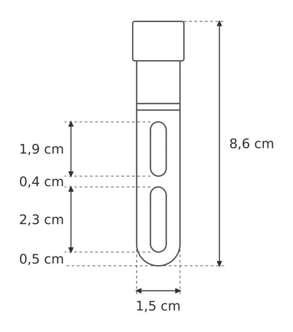 Ulticlip Slim 3.3 Maßzeichnung: 8,6 cm lang, 1,5 cm breit, zwei Langlöcher 1,9 und 2,3 cm