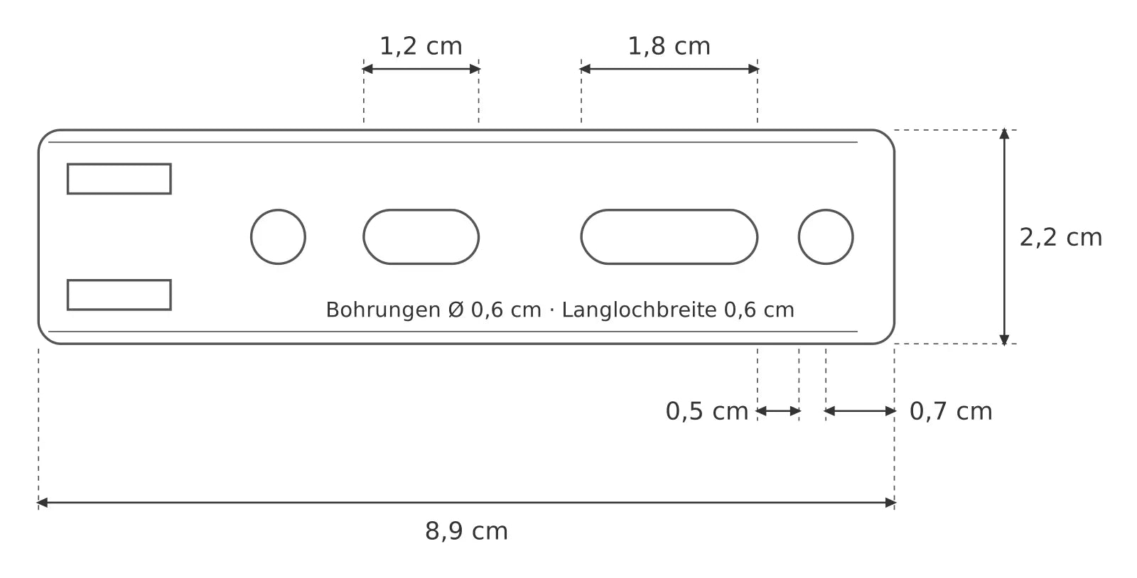 Ulticlip XL Maßzeichnung: 8,9 × 2,2 cm, zwei Bohrungen und zwei Langlöcher